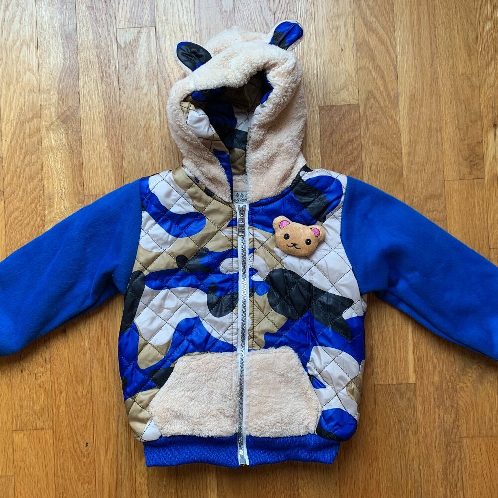 NWOT Toddler Sherpa Lined Jacket Zip Up Hoodie Size 3T with 3D Bear and Dog